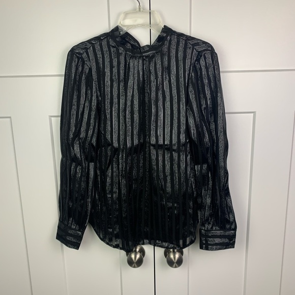 NWT J. Crew SMALL Silk Metallic Chiffon Mockneck Top Blouse Black Long Holiday - Picture 4 of 8